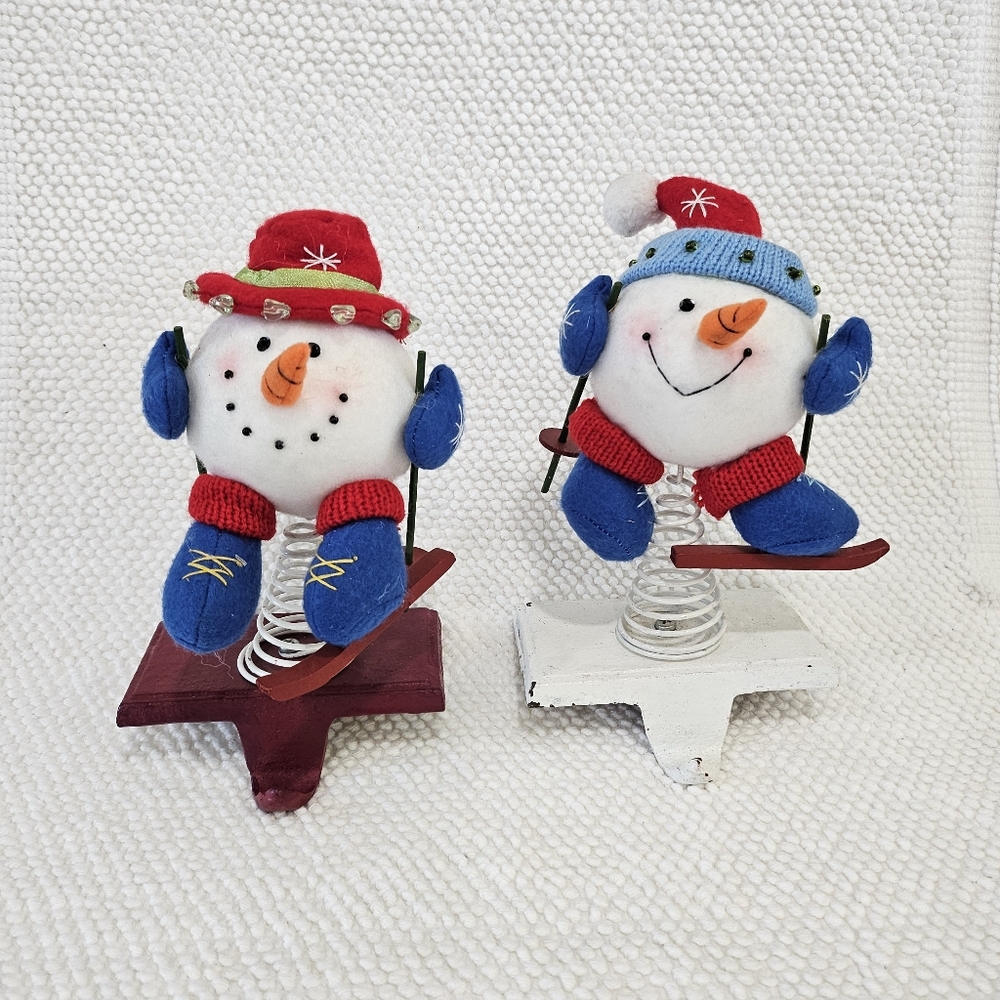 Skiing Snowman Stocking Holders Set Mr & Mrs Handmade Metal Set - Picture 2 of 12
